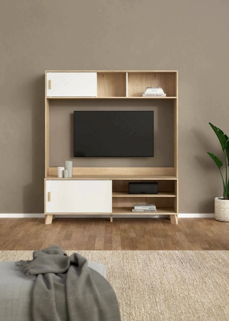 Mobile porta TV Nicosia, Credenza da soggiorno, Armadio basso per TV, Base parete attrezzata, 159x48 h181 cm, Rovere e Bianco