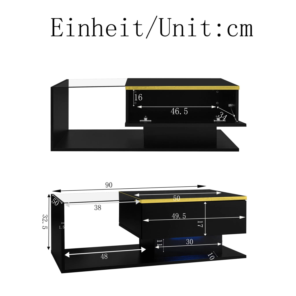 Tavolino da salotto 90x50 cm in nero lucido con piano in vetro temperato e LED a 16 colori