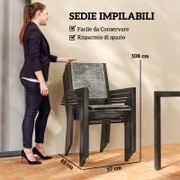 Set da Giardino 7 Pezzi in Acciaio con Tavolo Rettangolare e 6 Sedie Impilabili Traspiranti, Grigio e Nero