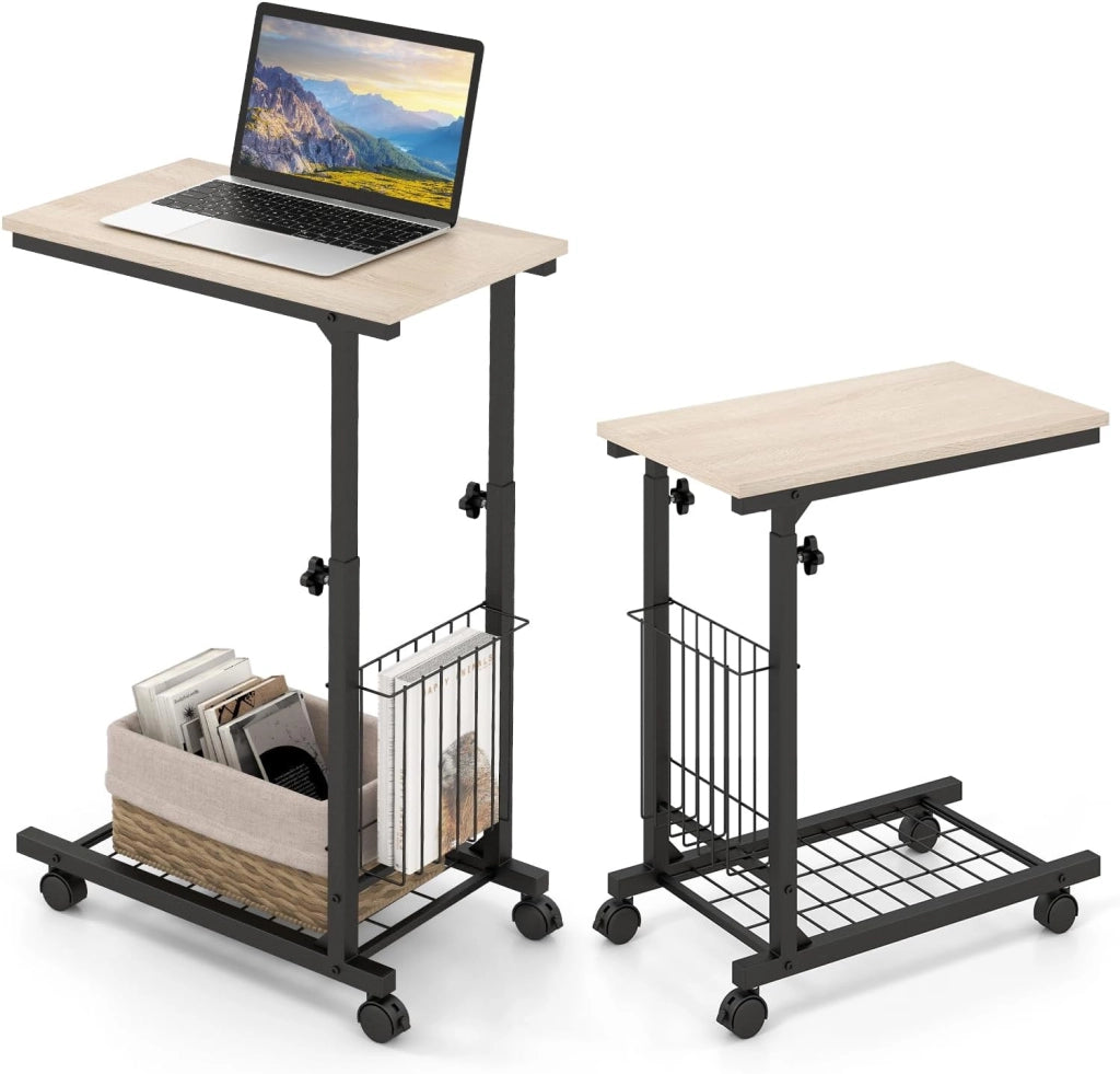 Tavolino a forma di C, divano con ruote, tavolo per computer portatile, regolabile in altezza, tavolino da caffè portatile, tavolino da caffè, tavolo da toeletta, design industriale con