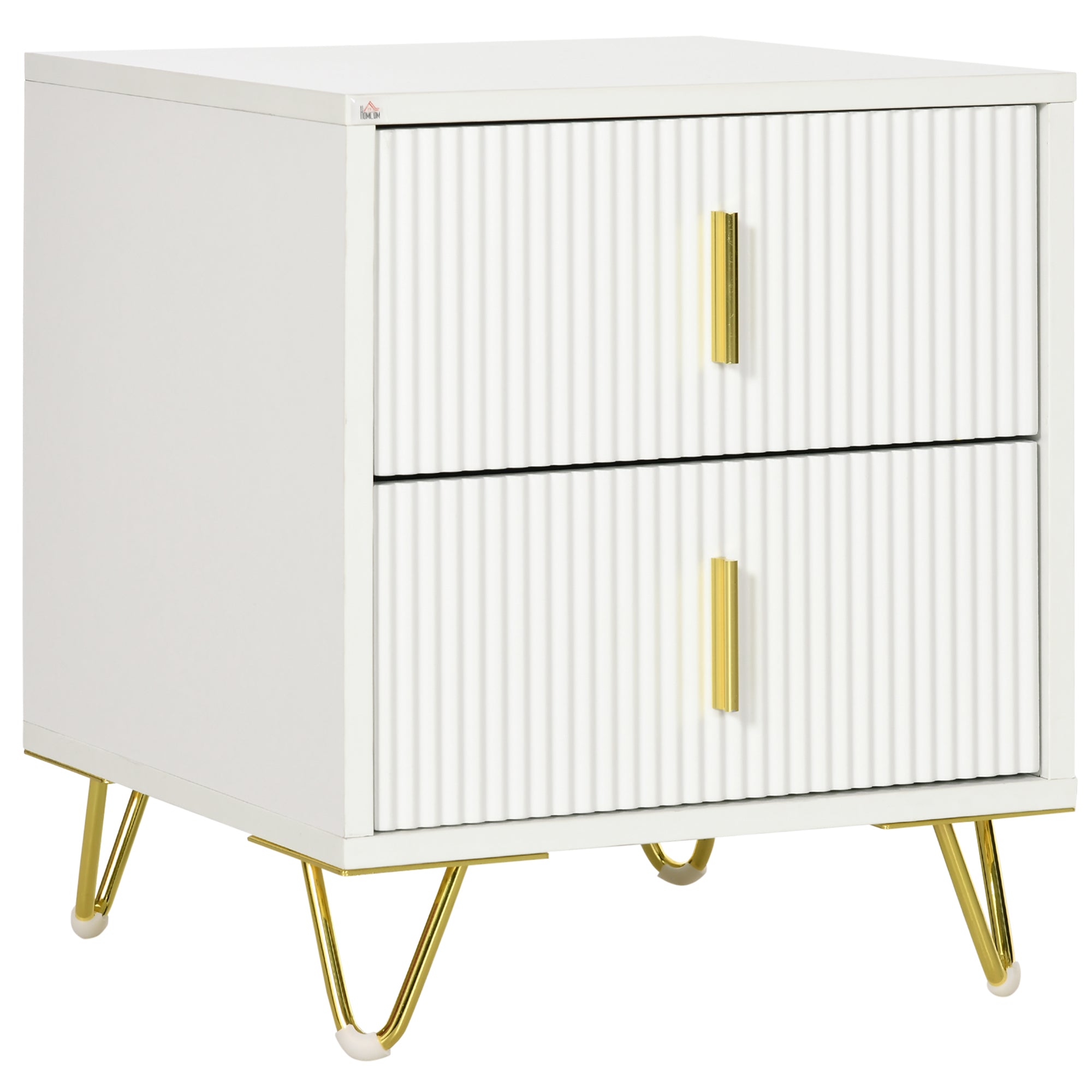 Comodino con 2 Cassetti 40x40x47 cm in Legno con Maniglie e Gambe in Metallo Bianco e Oro
