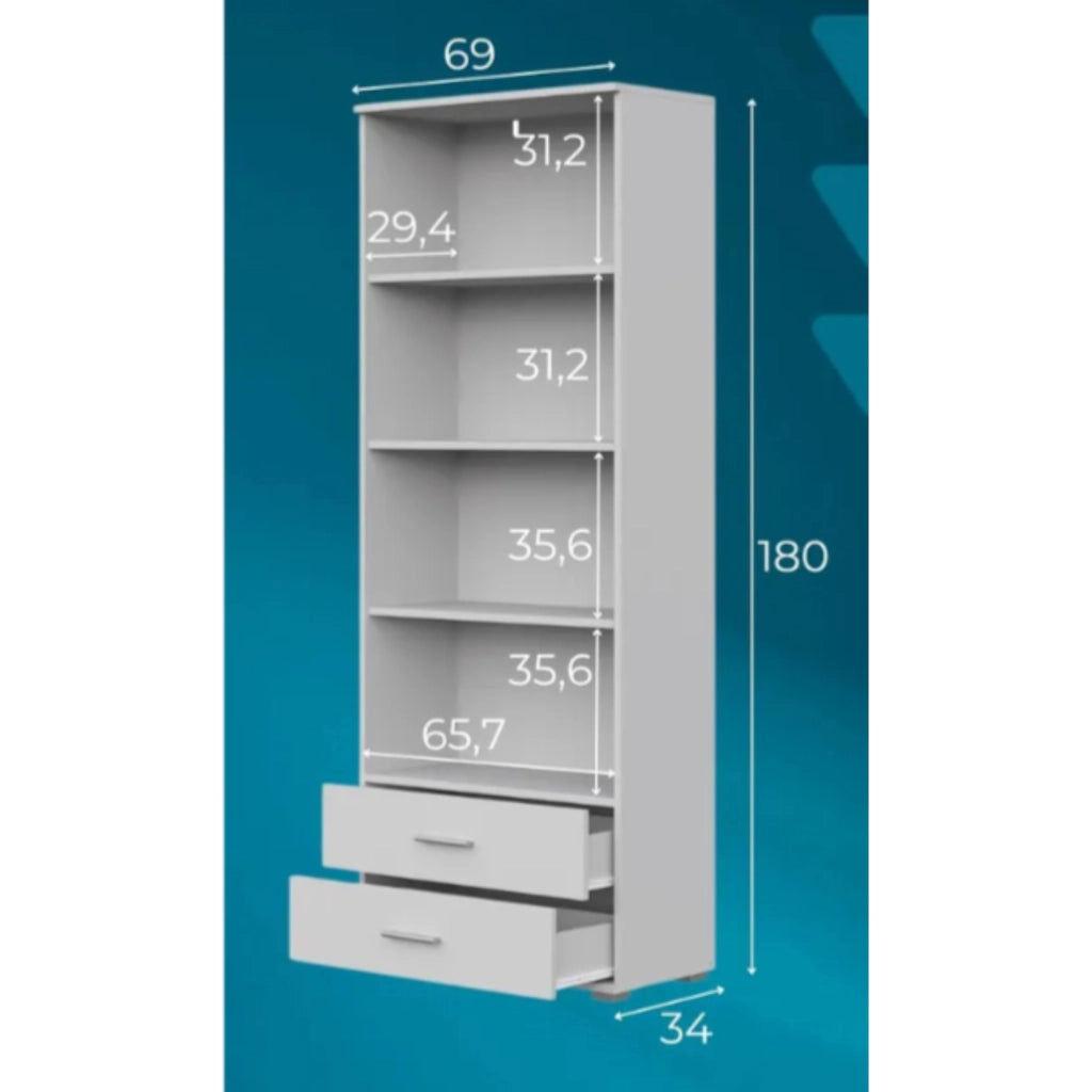 Libreria FAUSKE - 2 Cassetti - Bianco - Larghezza 69 cm, Altezza 180 cm, Profondit? 34 cm