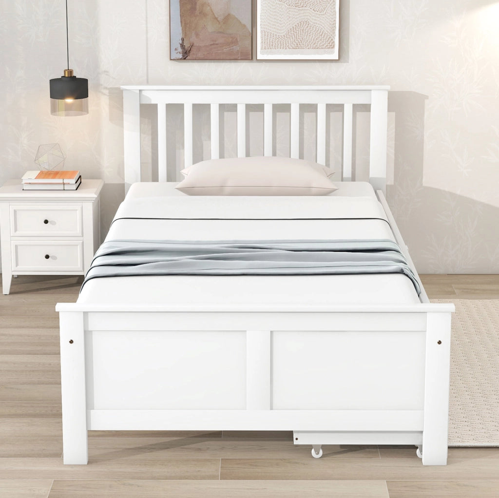 Letto singolo 90x200 cm con 2 cassetti contenitore; struttura in legno massello; bianco