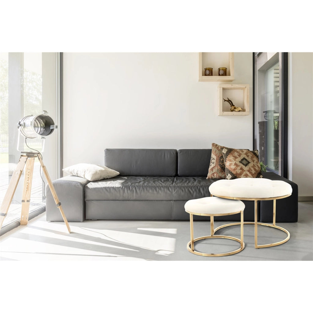 Set di 2 pouf Becky in velluto avorio e metallo dorato