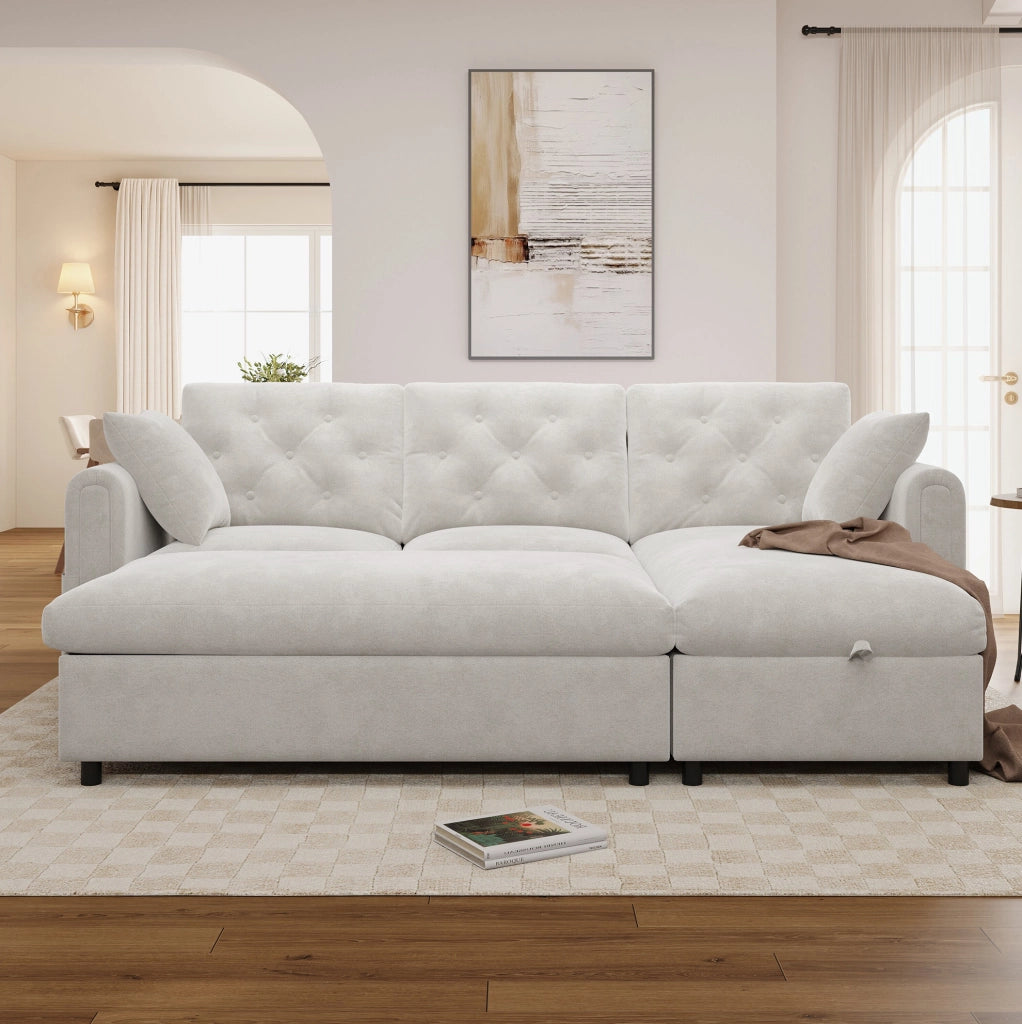 Divano con chaise longue e pouf contenitore; 219 x 131 x 86 cm; beige