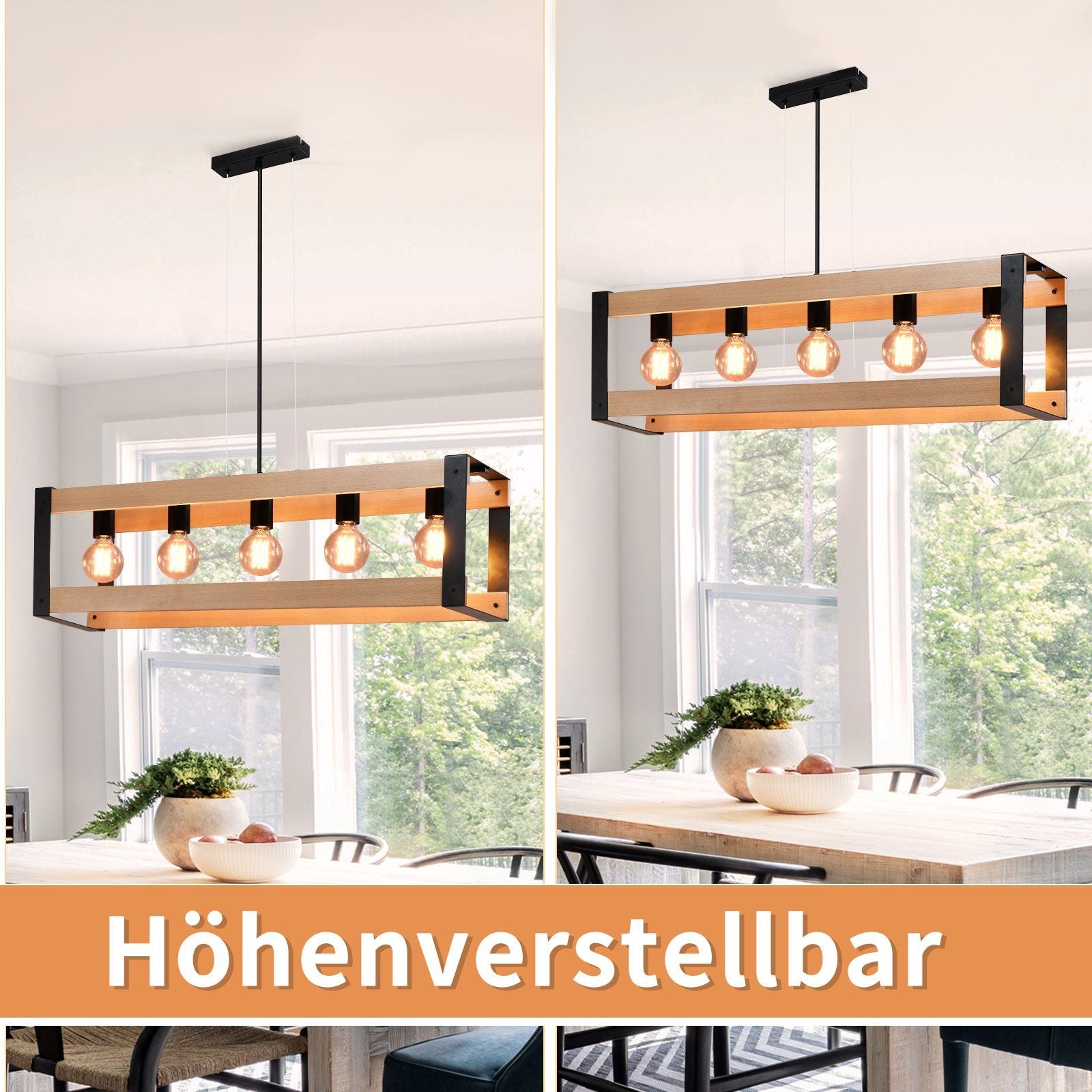 Lampada a sospensione ZMH 5 Luci in Legno ZMH Metallo Vintage Nero E27