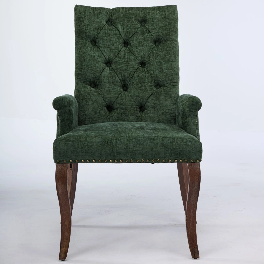 Sedia da pranzo, venduta singolarmente, tessuto chenille, gambe in legno massello, con braccioli, verde oliva