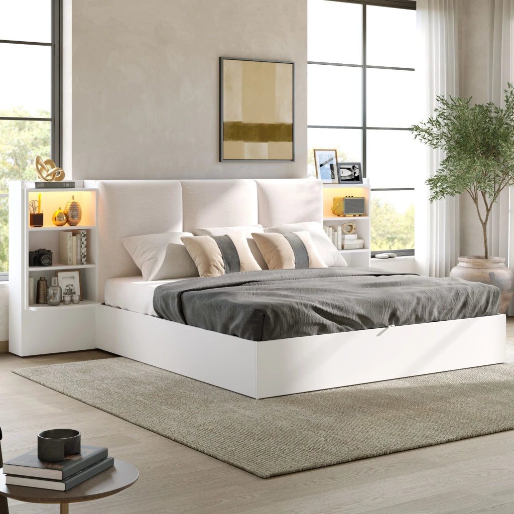 Letto matrimoniale 180 x 200 cm, testiera imbottita, ripiano portaoggetti, vano portaoggetti idraulico, luci a LED, bianco