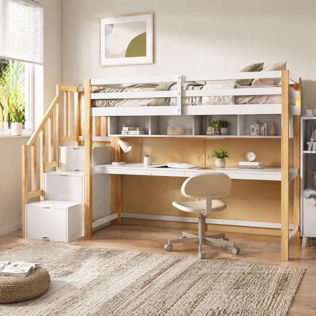 Letto a soppalco per bambini con scrivania, scale contenitore e ripiani