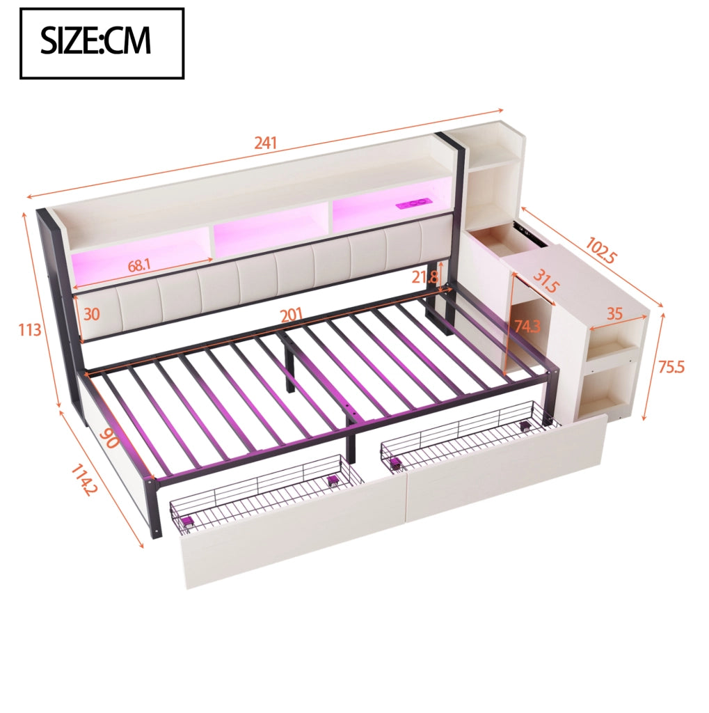 Letto multifunzionale 90 x 200 cm con cassetti; scrivania mobile e prese integrate; bianco e legno