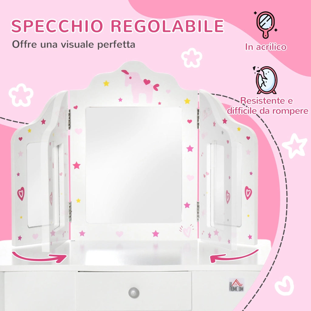 Postazione Trucco Specchiera Giocattolo per Bambini in Legno Bianca