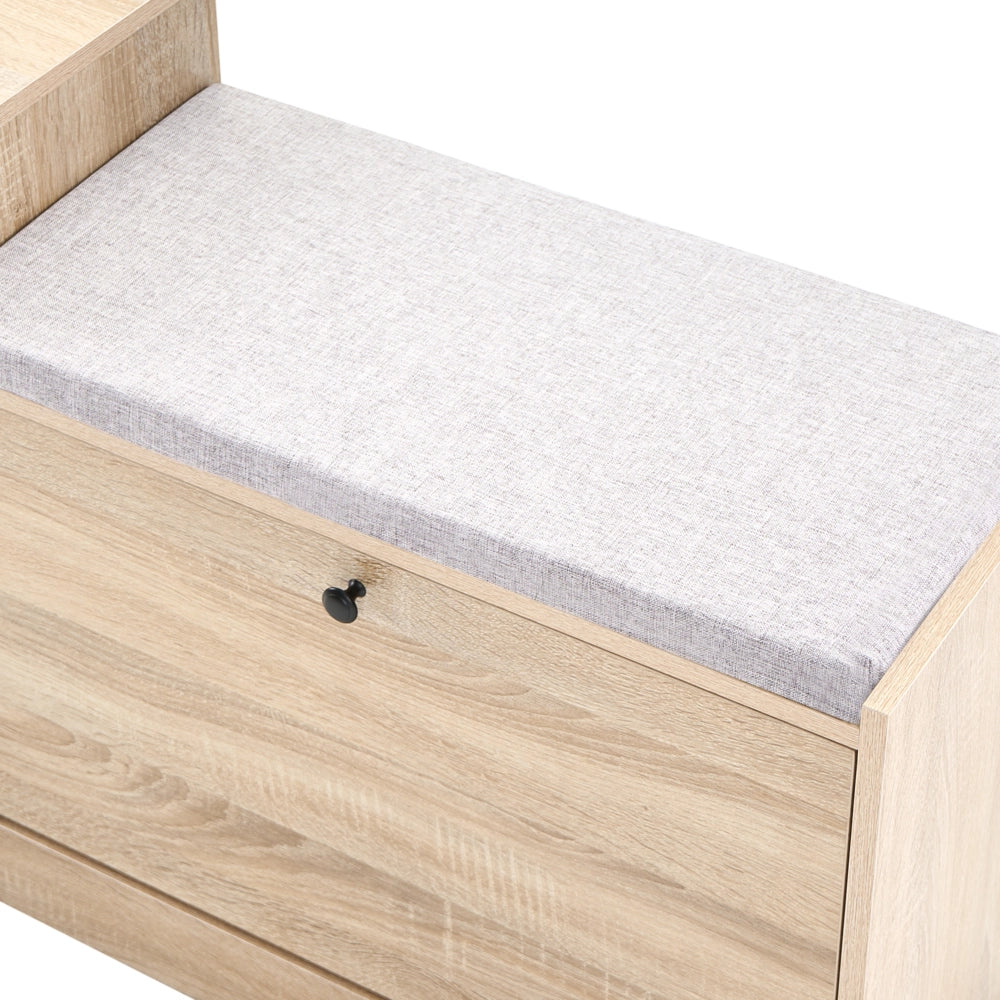 Mobile porta scarpe in MDF marrone chiaro a 2 scomparti con seduta imbottita, design scandinavo, per ingresso