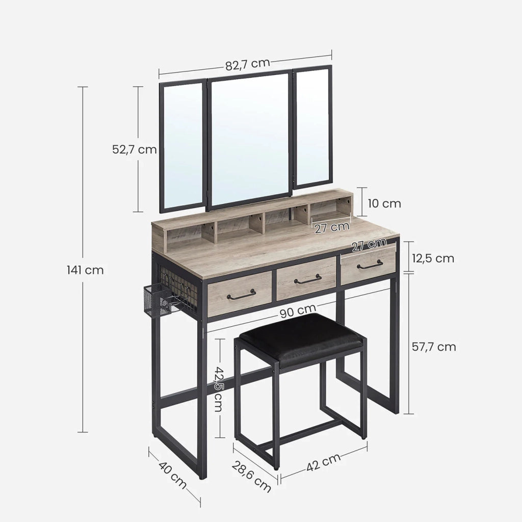 Set da toeletta 90 x 40 x 141 cm con sgabello imbottito specchio triplo 3 cassetti porta asciugacapelli stile industriale marrone rustico e nero 12_0005418
