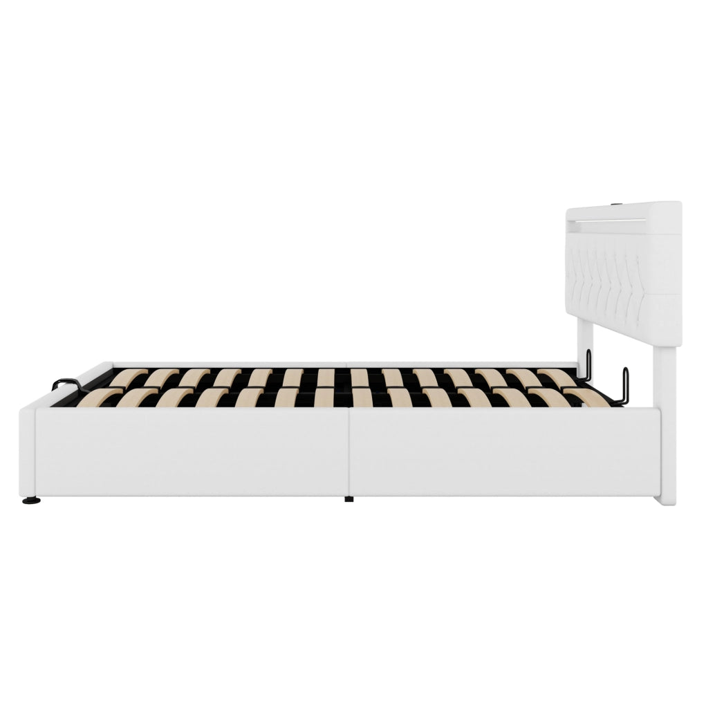 Letto imbottito ULEVR 140x200 cm con contenitore idraulico, LED multicolore, prese USB e USB-C, lino bianco