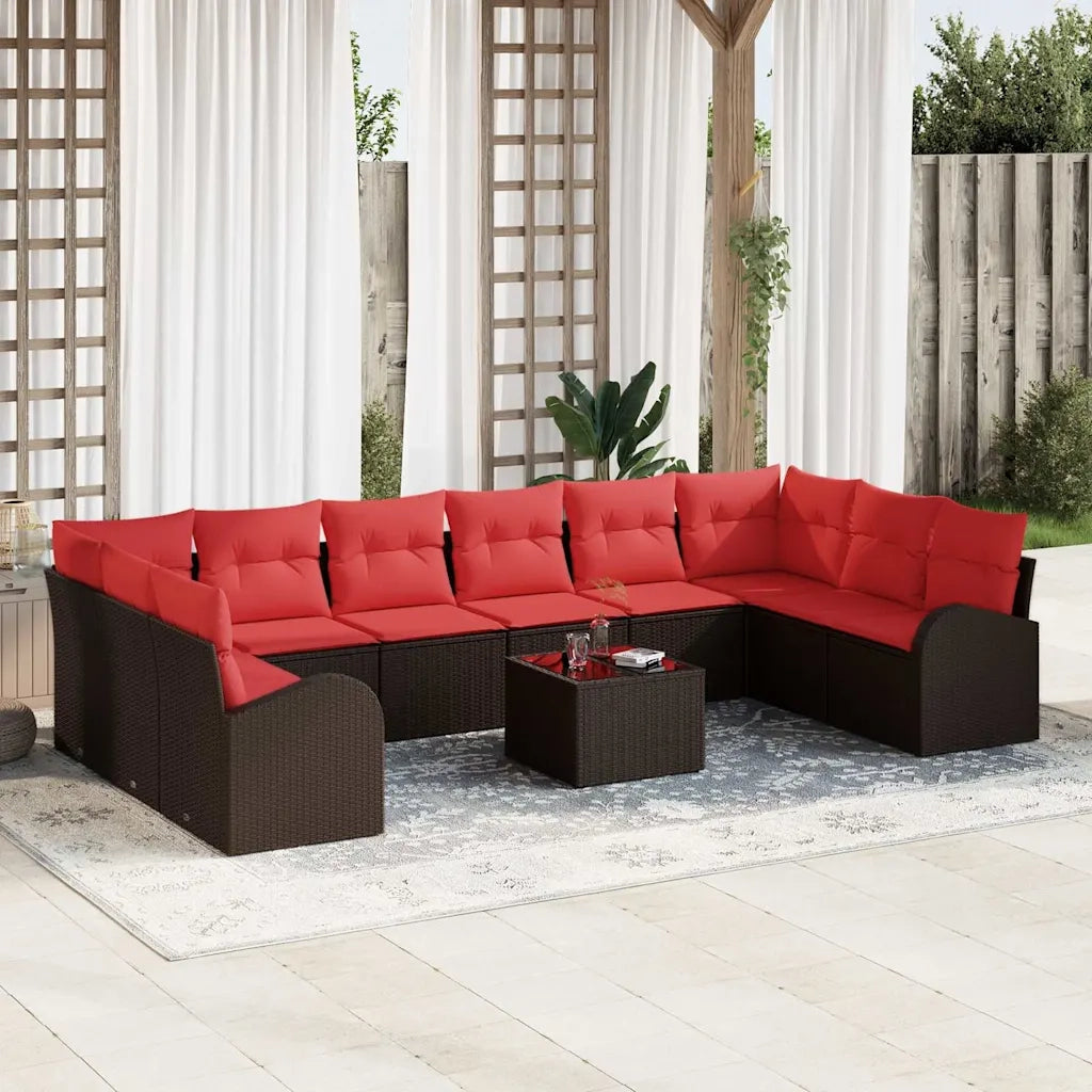 Set Divano da Giardino 11 pcs Marrone e Rosso polyrattan