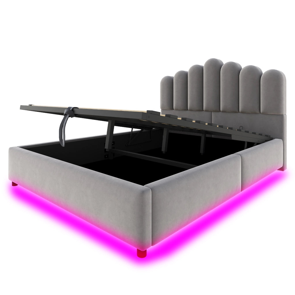 Letto imbottito 140x200 cm con contenitore idraulico; LED e velluto grigio