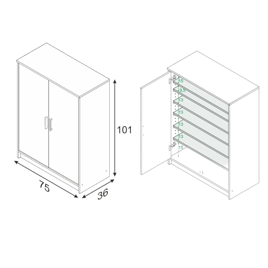 Armadio multiuso Arful, Armadio portascarpe a 2 ante, Mobile basso con 6 ripiani, Scarpiera bassa moderna, cm 75x36h101, Bianco