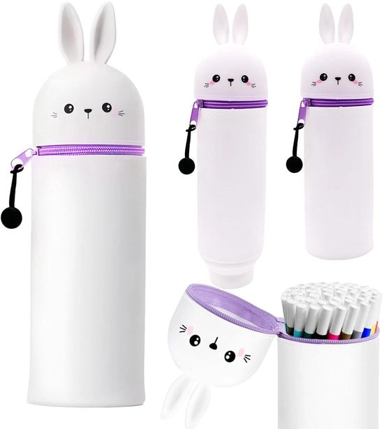 Etui in silicone, 2-in-1 astuccio per matite, astuccio in silicone morbido, astuccio in piedi, etui in silicone 2-in-1, contenitore per pennarelli, cartone, kawaii (coniglio)