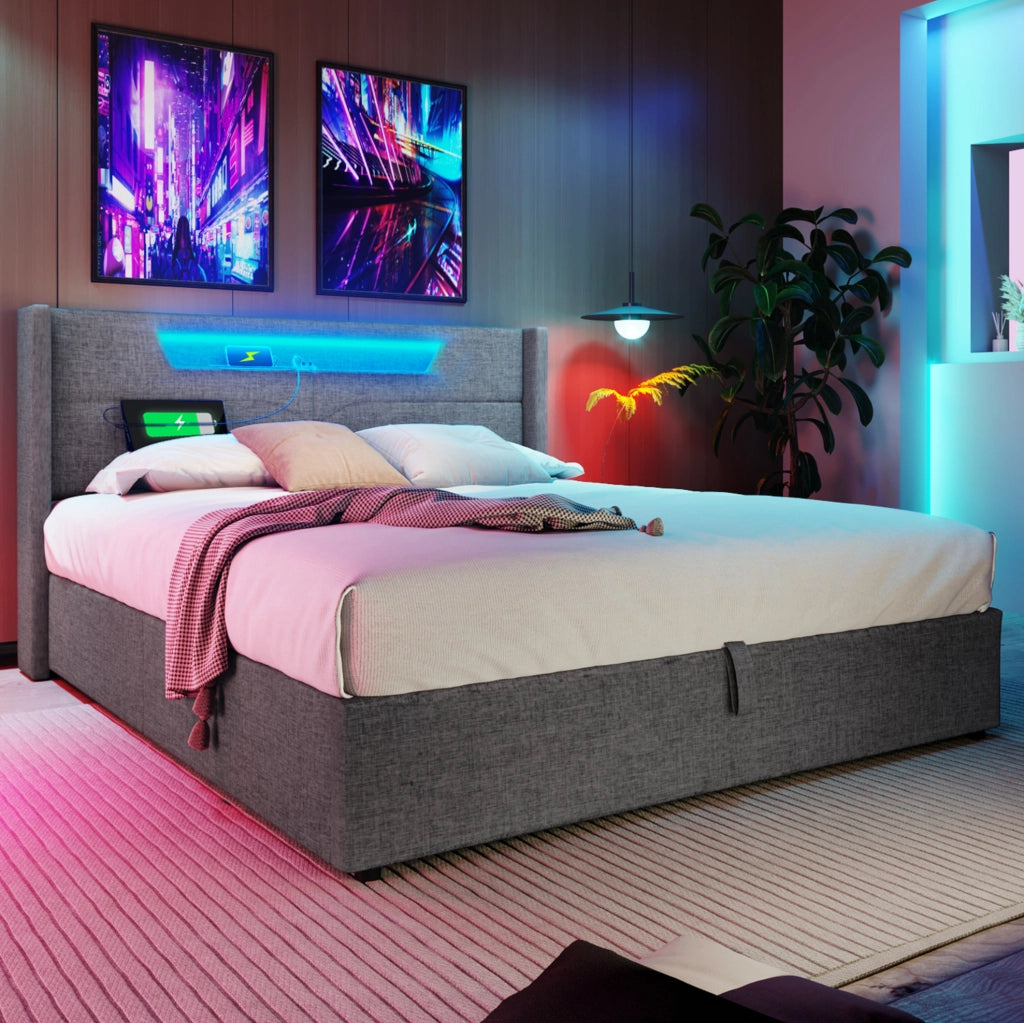 Letto matrimoniale 160x200 cm in tessuto effetto lino grigio con LED; USB e contenitore