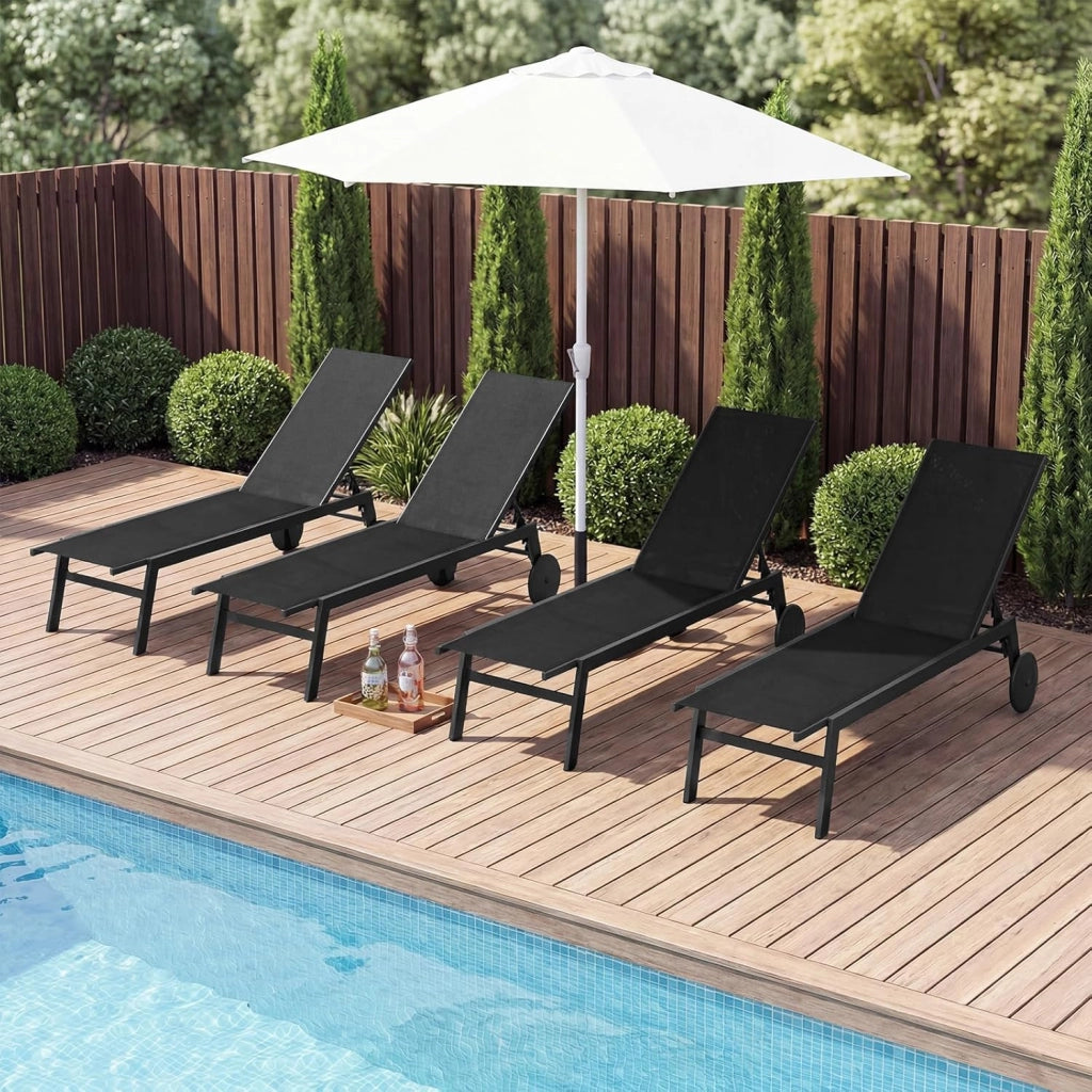 Sdraio da Giardino Reclinabile, Poltrona in Metallo Resistente con Schienale 6 Posizioni e Tessuto Traspirante, Sedia da Abbronzatura Piatta per Bordo Piscina e Terrazza(Nero,1)