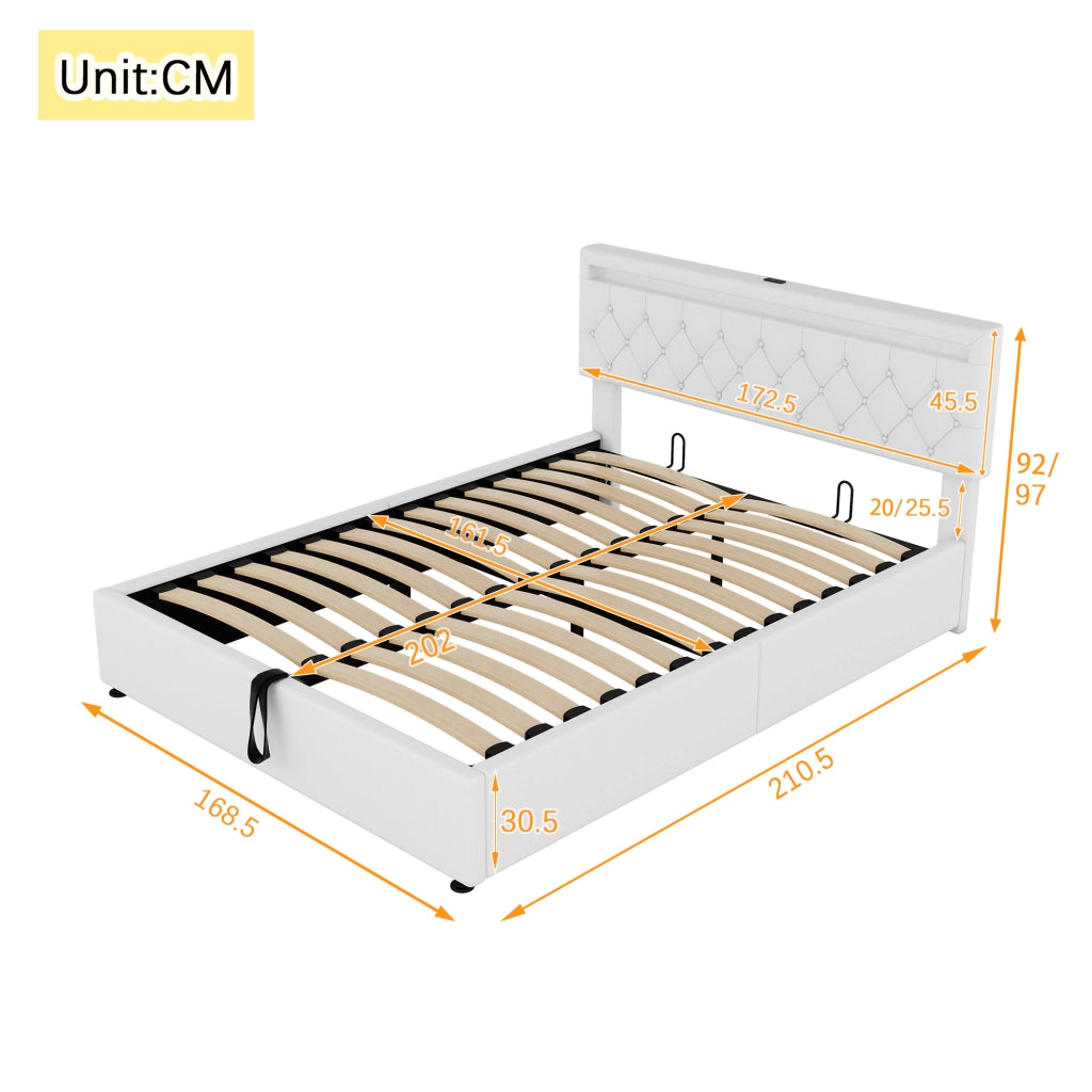 Letto imbottito 160 × 200 cm con contenitore, led, usb e usb-c, senza materasso, bianco