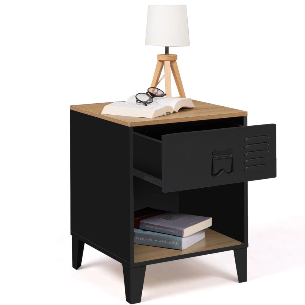 IDMarket - Set di 2 comodini ESTER a 1 cassetto in metallo nero con nicchia e piano in faggio in stile industriale