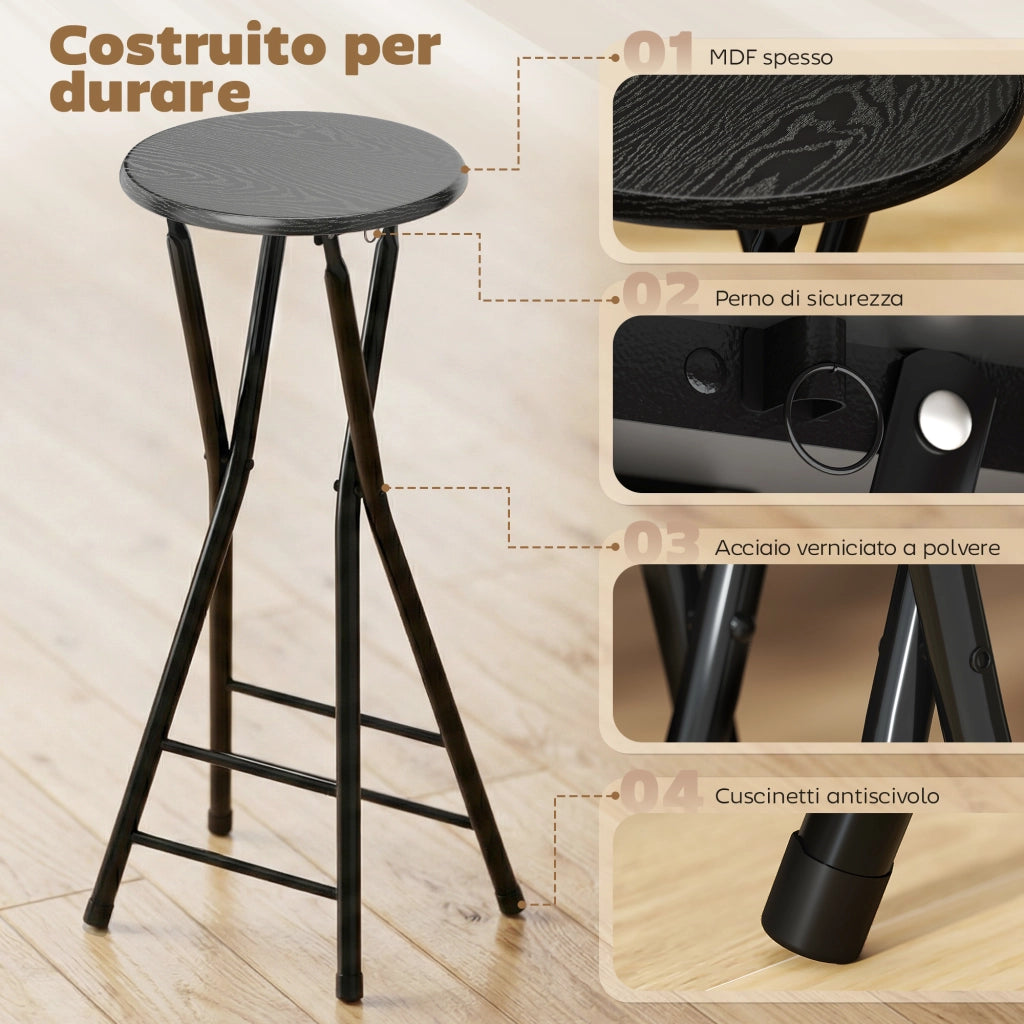 Set 4 Sgabelli Bar Pieghevoli 34x30x70 cm con Doppio Poggiapiedi in Legno e Acciaio Nero