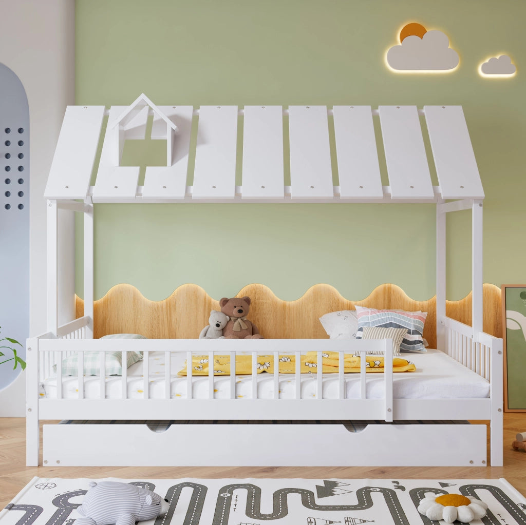 Letto a casetta con letto estraibile e sponde su 3 lati; pino e MDF; bianco; 120x200 cm