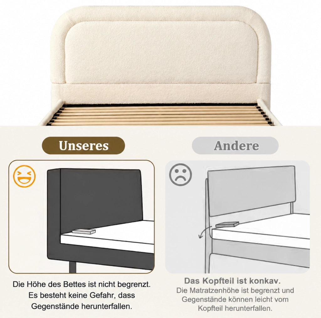Letto imbottito beige in bouclé con vano contenitore e rete a doghe