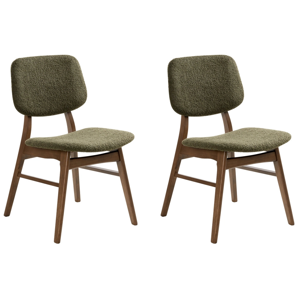 Set di 2 sedie da pranzo Struttura in legno di gomma scuro Seduta in tessuto boucle verde Design retrò senza braccioli
