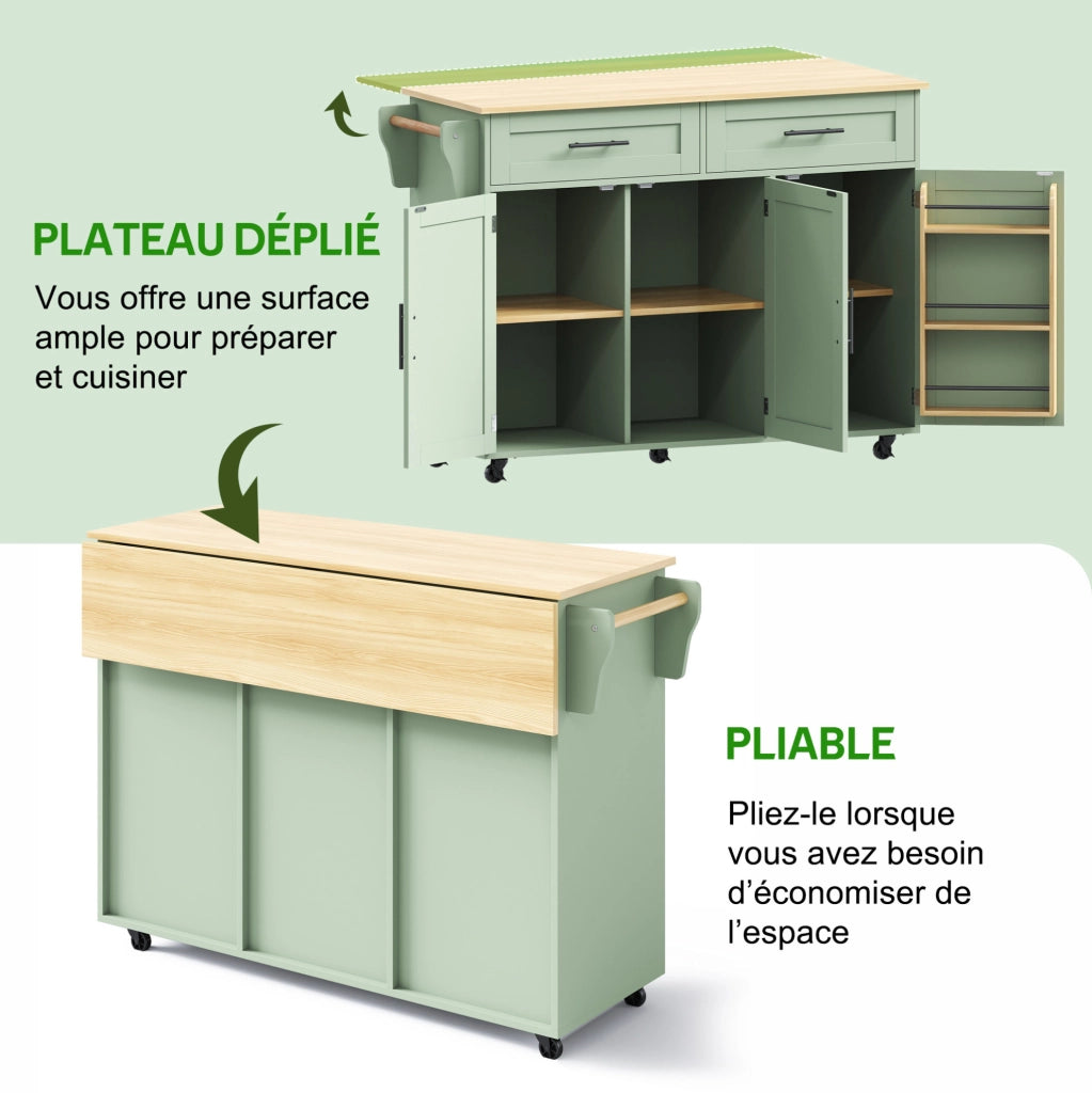 Carrello da cucina multifunzionale con piano pieghevole 129x71x91;5 cm in MDF verde antico