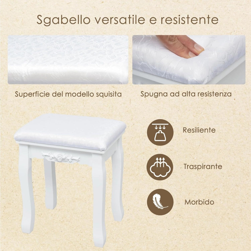 Toeletta da Trucco, Set Tavolo e Sgabello da Trucco, Specchio con 10 Luci LED, Toeletta Multifunzionale con 3 Cassetti, Specchio Rotante a 360⁰, Postazione Make-up Moderno (Bianco)