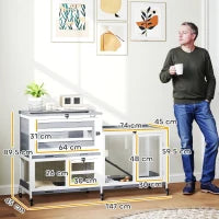 Conigliera a 2 Livelli con Rampa e 3 Vassoi, in Legno di Abete e Acciaio, 147x45x89.5 cm, Grigio e Bianco