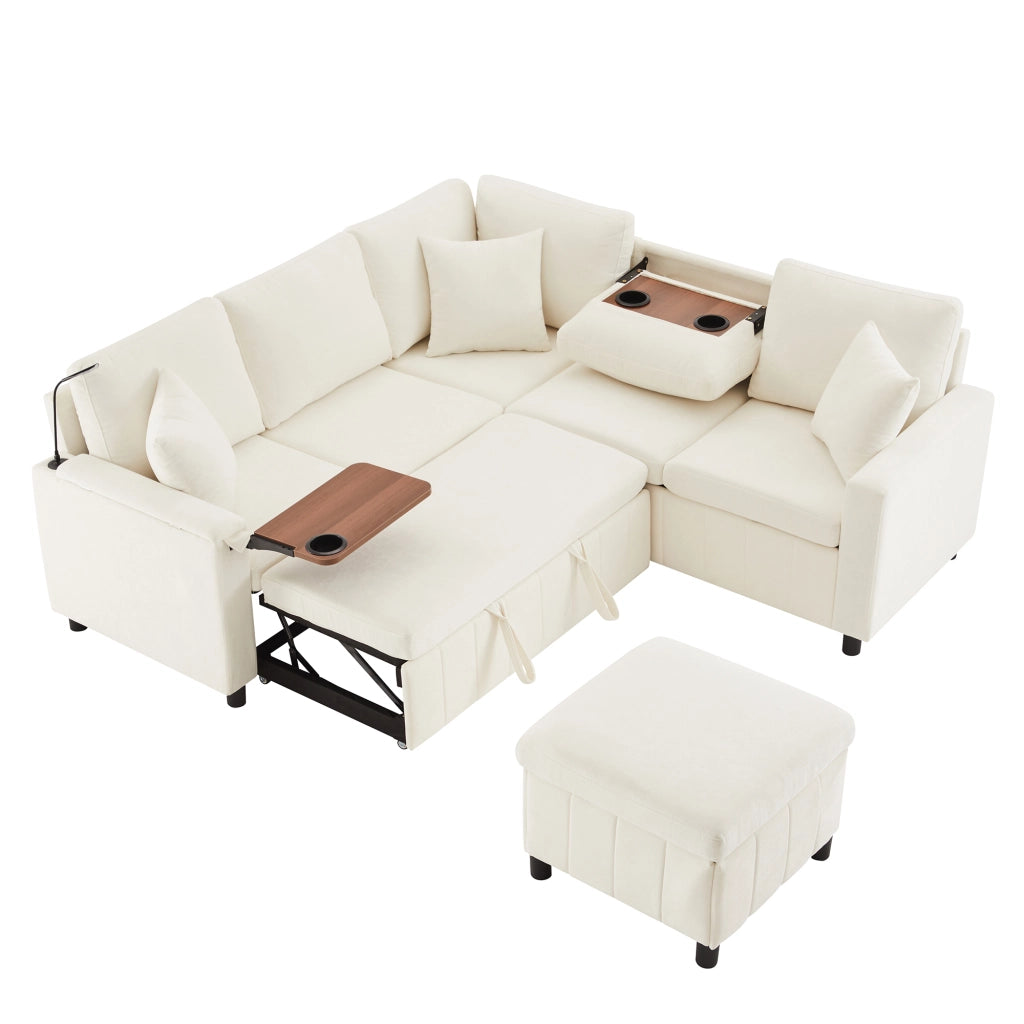 Divano angolare convertibile con letto estraibile, lampada da lettura e pouf contenitore in chenille beige 205 × 205 × 85 cm