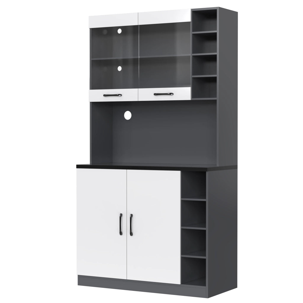 Credenza cucina moderna 100x47x187 cm con LED, ripiani regolabili e vano per microonde, bianco/grigio