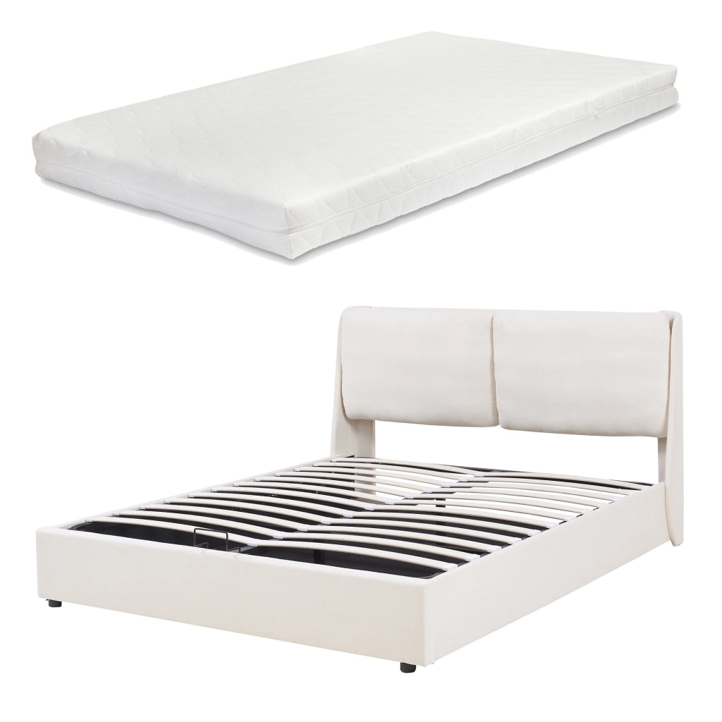 Letto Matrimoniale Lunner con Contenitore Testiera Imbottita e Materasso 160 x 200 cm - Beige [en.casa]