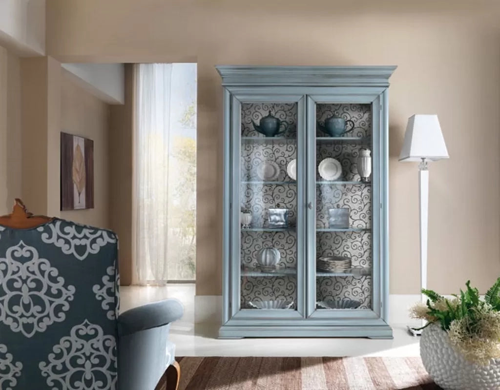 Vetrina 2 porte shabby chic azzurro in legno l.145 x p.50 h.215 - Mobili 2G
