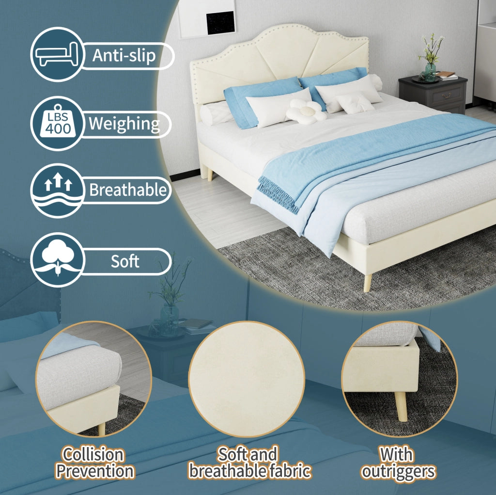 Letto 140x200 cm in tessuto e metallo, beige