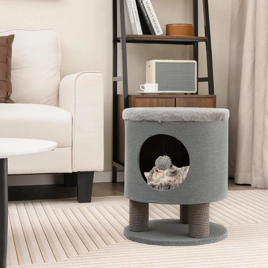 Casetta per Animali Domestici, Cuccia per Gatti con Pali Tiragraffi e Pallina di Peluche, Mobile Multiuso 3-IN-1 per Gatti Piccoli e Medi (Grigio)