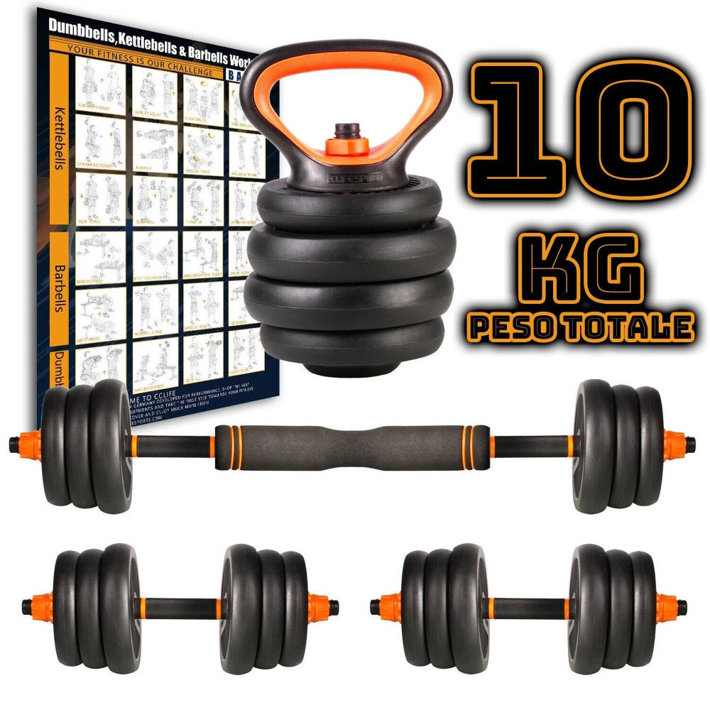 Trade Shop - Set 6in1 Multifunzione Peso 10kg Manubri Con Bilanciere E Kettlebell Componibile -