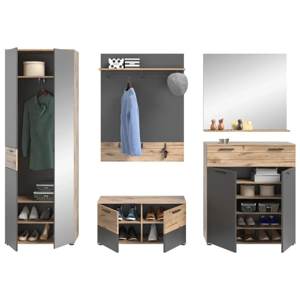 Set bagno: mobile sotto lavabo + mezza colonna + specchio – Grigio antracite e rovere chiaro – SELMA