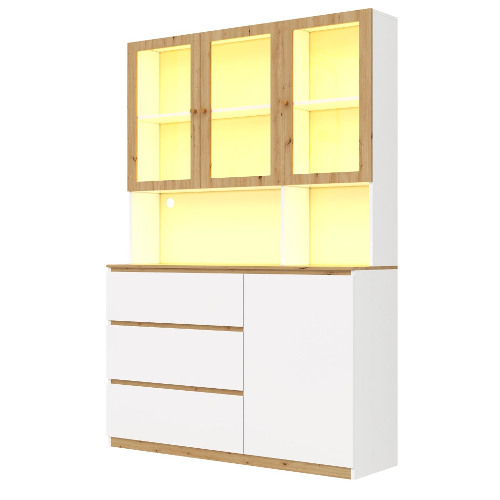 Vetrina alta multifunzione con LED, 120 x 200 cm, bianco e rovere, MDF