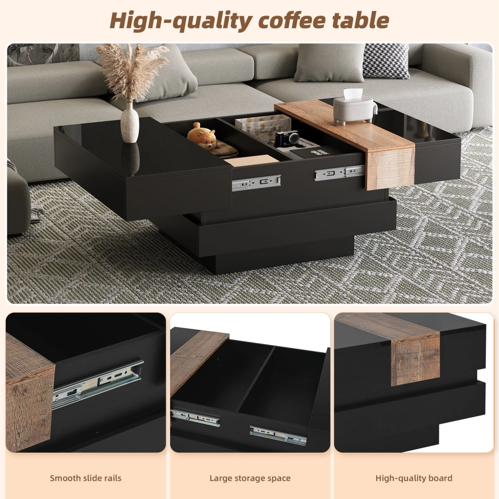 Tavolino da caffè quadrato con vano estraibile - per soggiorno - 70x70x39 cm - nero