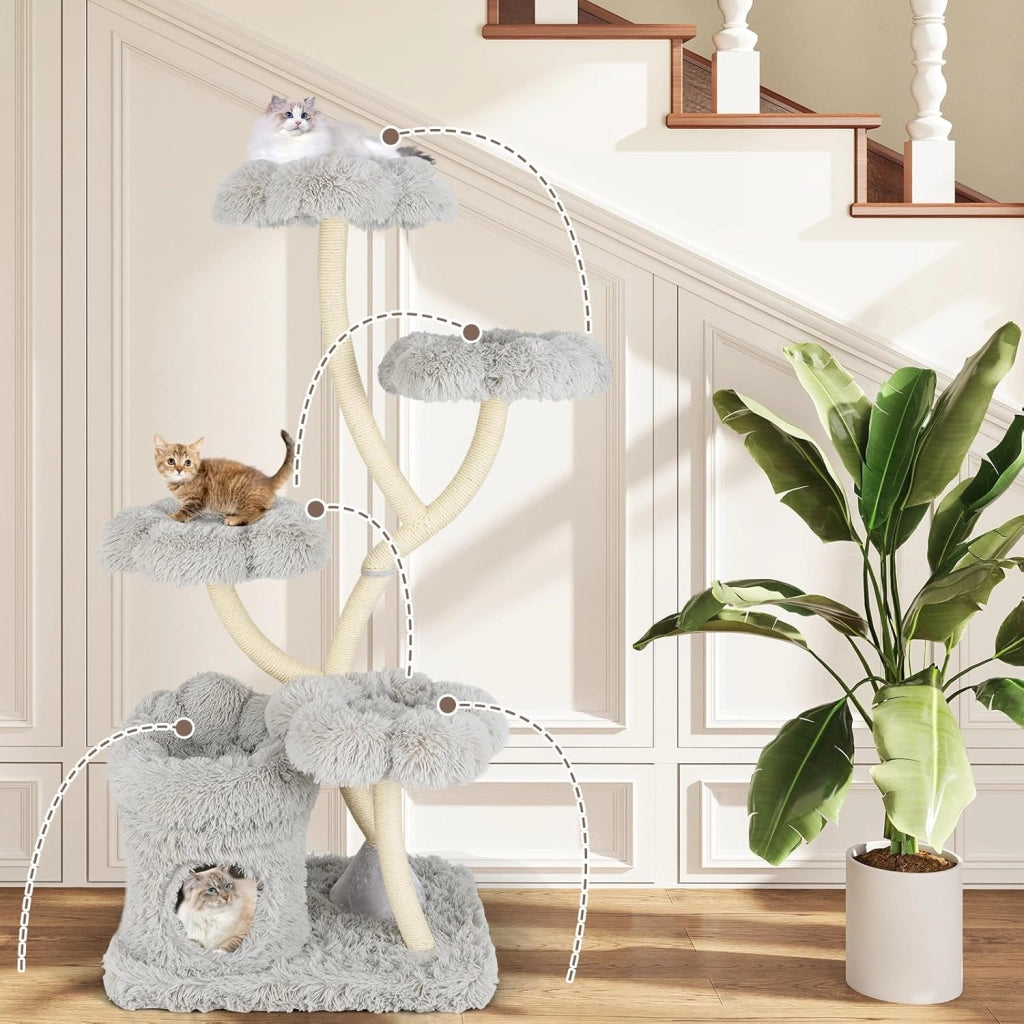 Tiragraffi per Gatti Alto 165cm,Alberi per Gatti con 4 Piattaforme, Tiragraffi in Sisal e Tubo di Supporto Robusto, Mobili per Animali da Interno (Grigio)