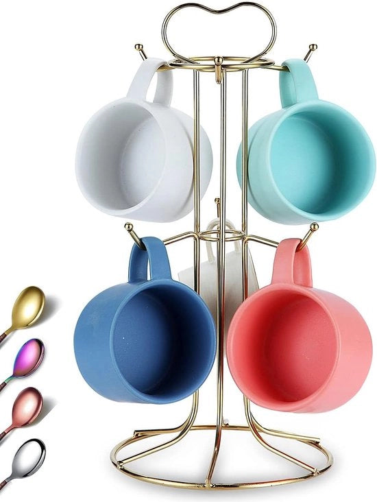 Sostegno per tazze in ceramica in acciaio inossidabile, Decorazione elegante a forma di albero per tazze da caffè, Sostegno per tazze in ceramica con ganci in acciaio inossidabile