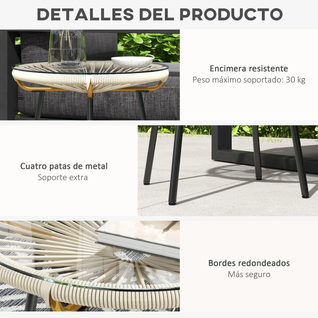 Tavolino da esterno in rattan sintetico rotondo con piano in vetro temperato ¨C Zephmum ¨C ?50x50 cm crema