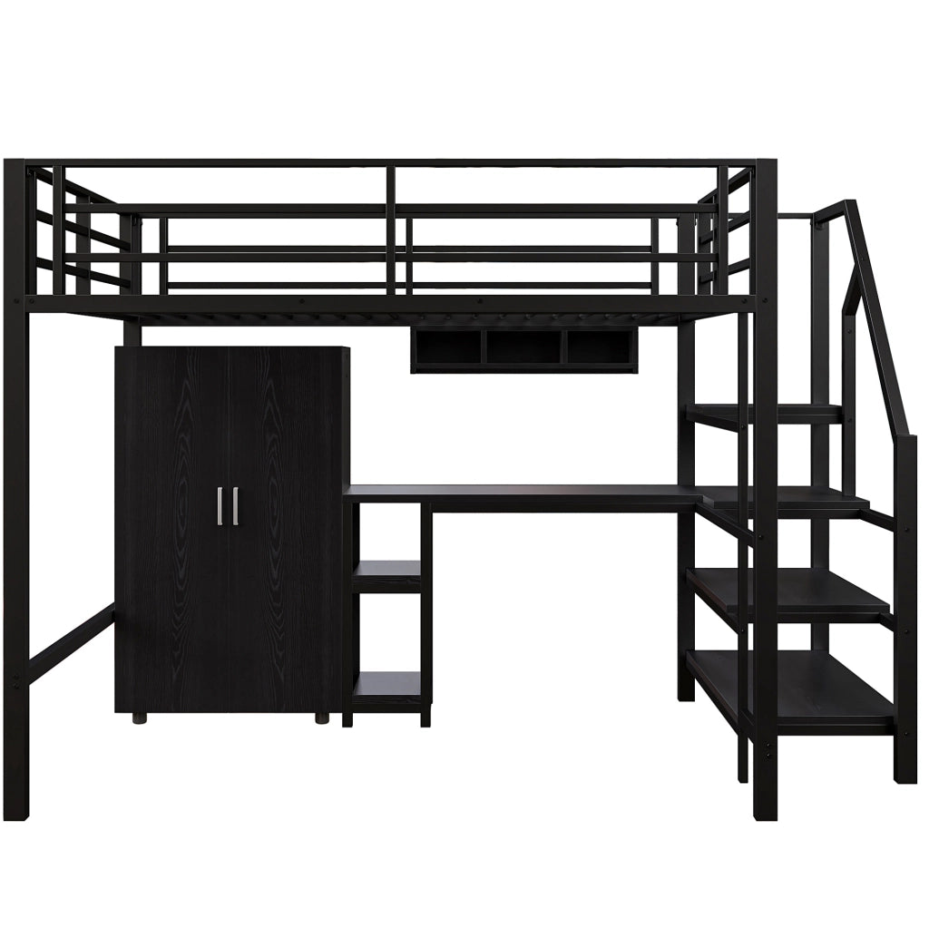 Letto a soppalco ULEVR 140x200 cm con armadio, scrivania, ripiani e scala con vani, nero