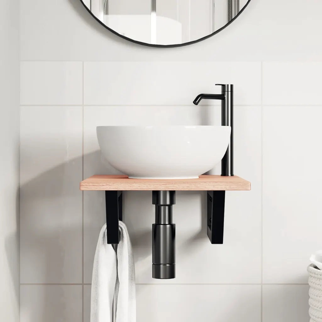 Ripiano a Parete per Lavabo in Acciaio e Massello di Rovere