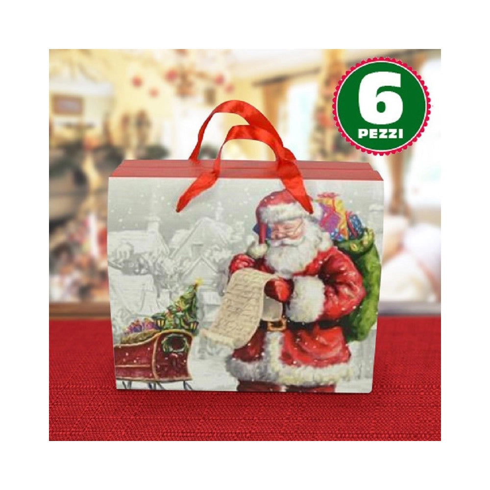 Trade Shop - 6 Scatole Da Regalo Stampa Babbo Natale Classico Manici Rossi 23 X 12,5 X 27,5cm -