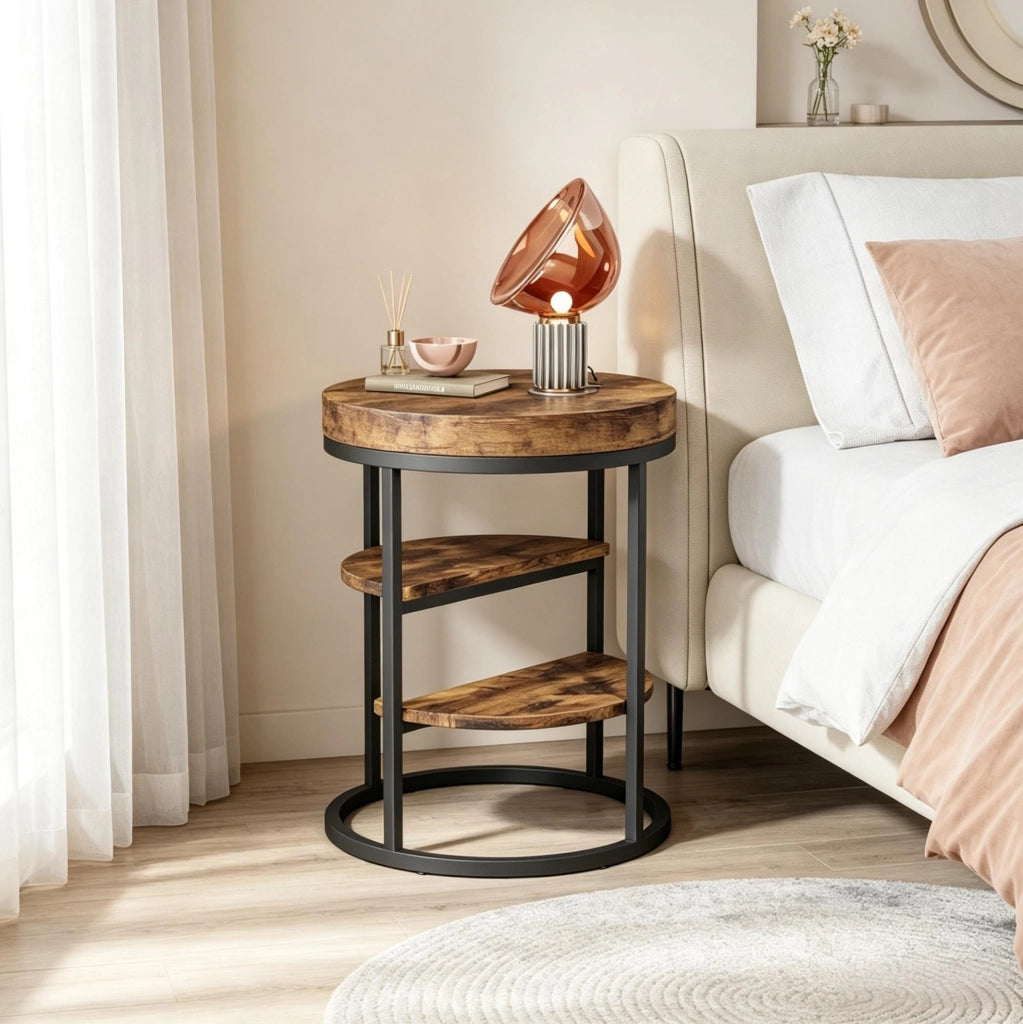 Tavolino laterale rotondo Ø 50 cm in metallo e legno marrone rustico
